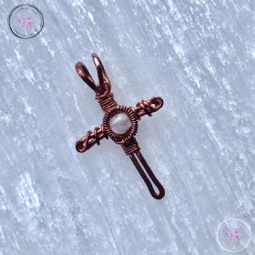 Wire Wrap Copper Cross Pendant with Moonstone